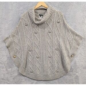 Talbots Gray Wool Blend Cable Knit Turtleneck Poncho Womens Small Button Closure